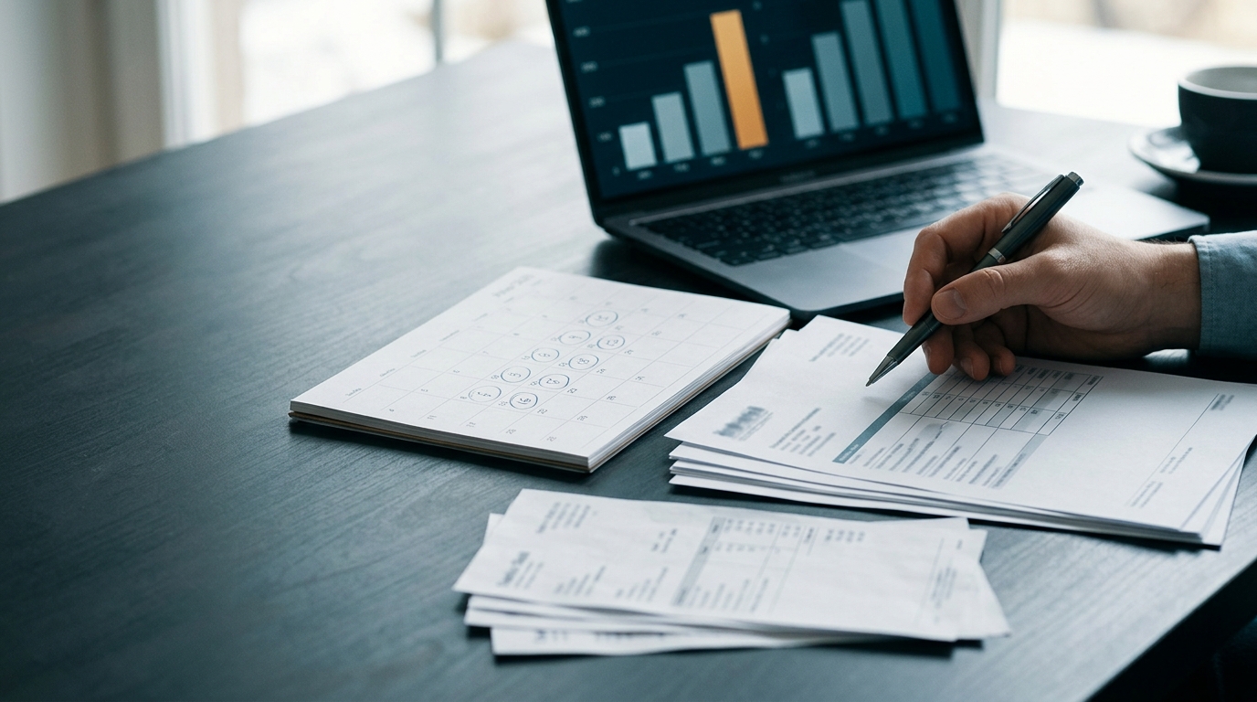 Mesa de gestor financeiro com calendário mensal marcado, pilha de faturas organizadas e notebook com gráficos desfocados, sugerindo rotina de acompanhamento e cobrança da inadimplência.